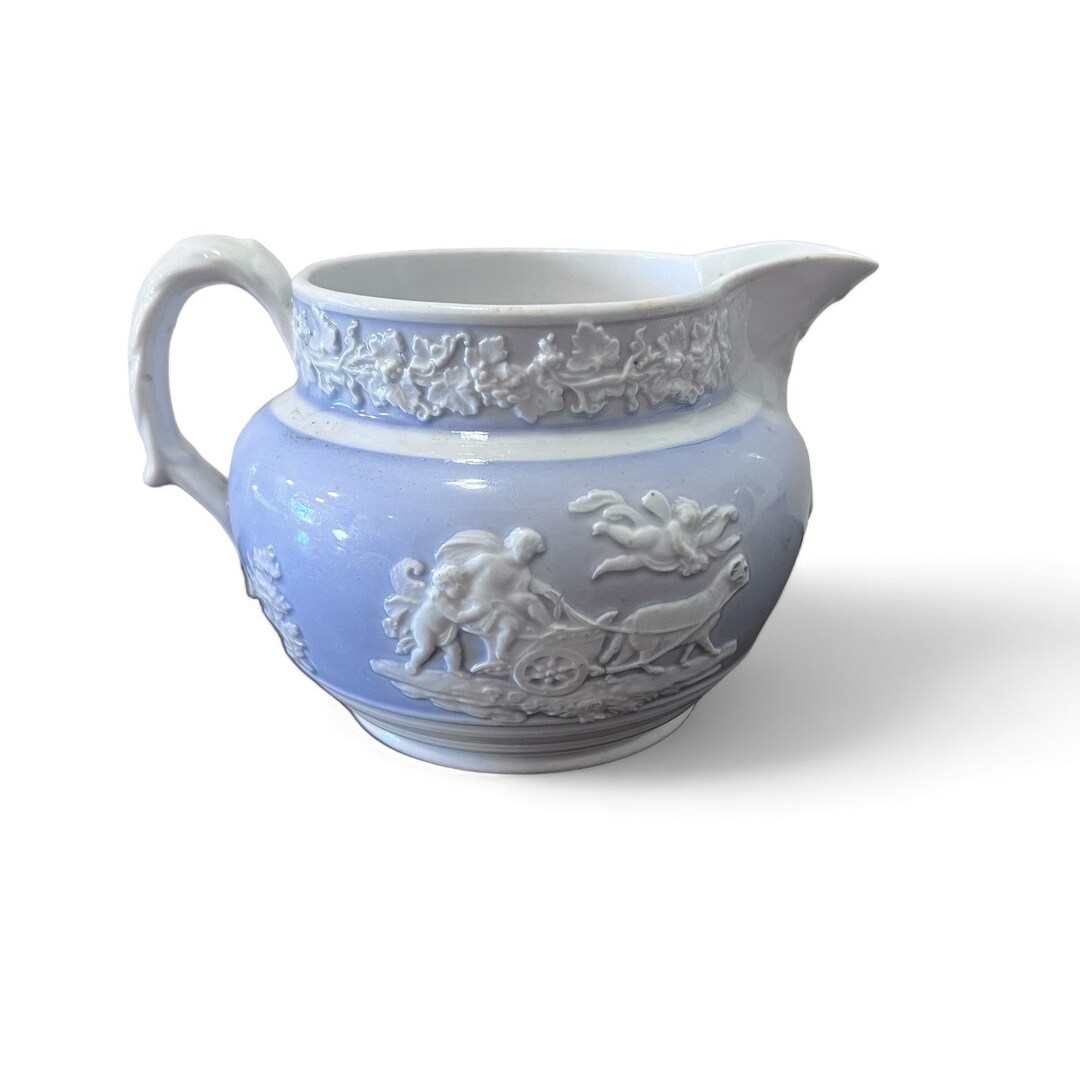 Sprigged Antique Blue White Sprigged Jug, Neoclassical Scene Cherubs, Grape Leaf ...