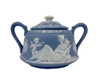 Antique Schafer and Vater Fairy Cupid Sugar Bowl, German Blue Jasperware, c 1900s