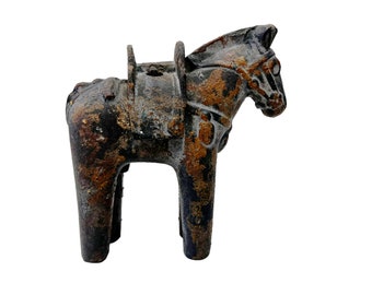 Vintage Asian Horse Incense Burner, 7" Cast Iron Heavy Patina, Removable Saddle