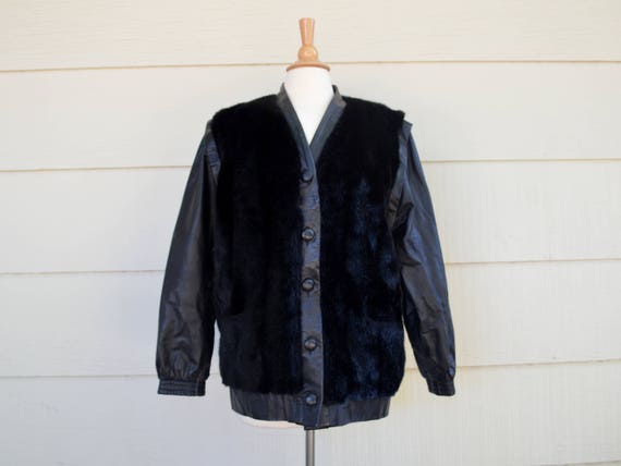 1980s Black Faux Fur and Leather Coat, Adolph Schu