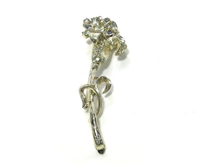Signed Long Stem Flower Pin with Rhinestones Vintage Coro Brooch 1960s