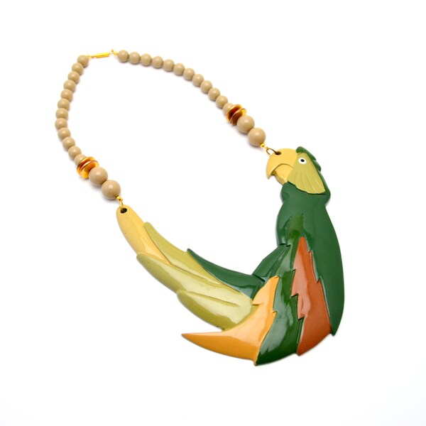 Amazing Vintage Parrot Necklace, Green Bib Necklace, Tropical Style Jewelry, Beach Wear, Great for a Tiki Party, circa 1970s