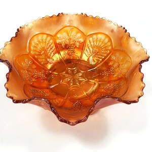 Antique Fenton Carnival Glass Bowl, Peacock and Grape Pattern, Marigold Ruffled Glass Bowl, 1910s-1920s
