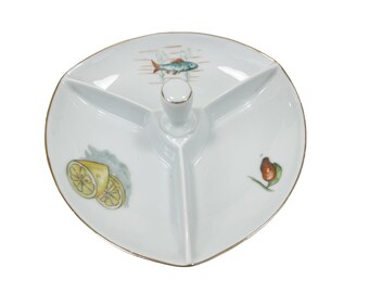 Vintage FISH Plate Porcelana Schmidt Brazil Divided Dish Tidbit Tray, Mid Century Lemon Design