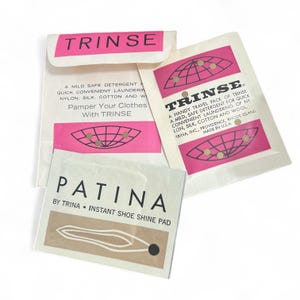 Vintage Trinse Laundry Detergent, Patina Shoe Shine Pad Sample Packets
