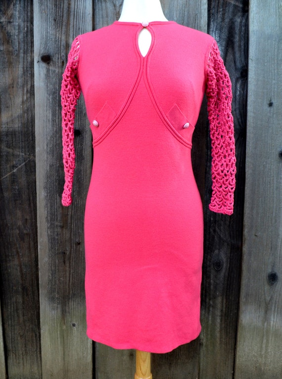 Vintage Hot Pink Double Knit Dress, With Macrame S