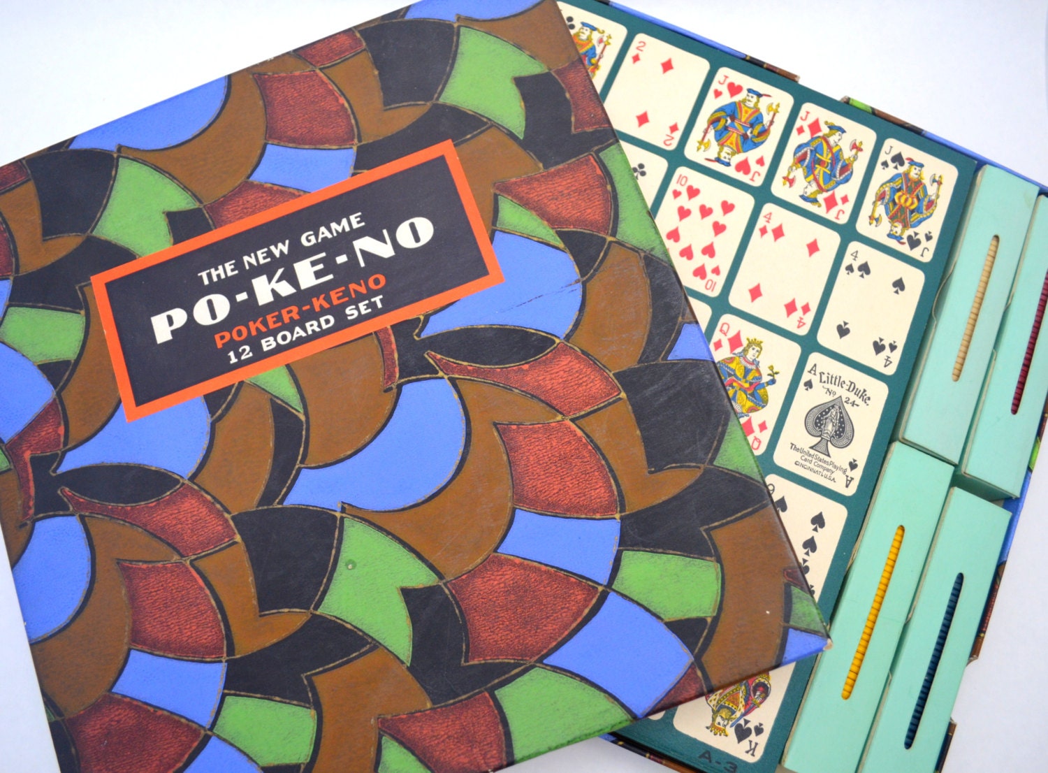 Vtg Red Box PO-KE-NO 12 Board Set Pokeno Poker-Keno 