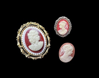 Lot of 3 Vintage Cameo Brooch Pins, Red White Resin, 1 Can Be Worn As A Pendant