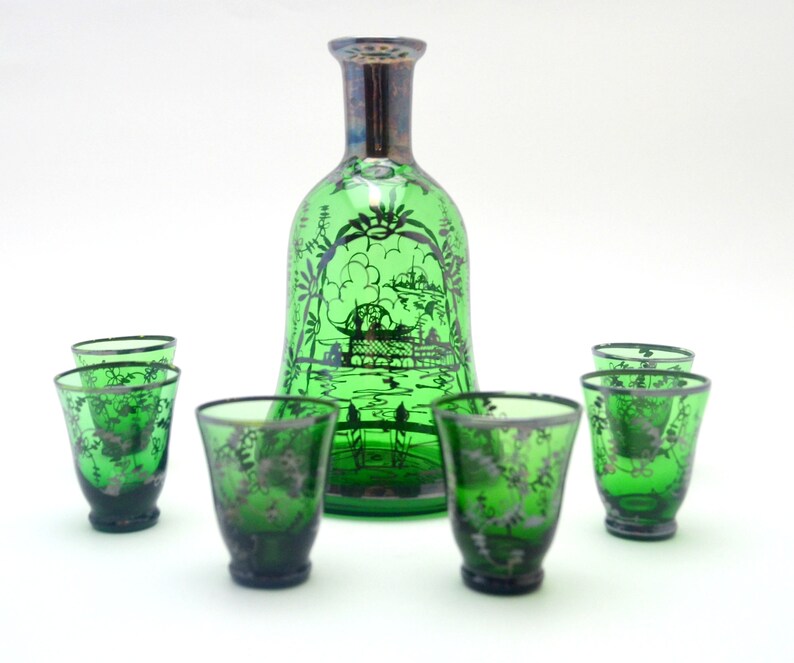 Vintage Green Glass Carafe Set Hand Painted Decanter Etsy