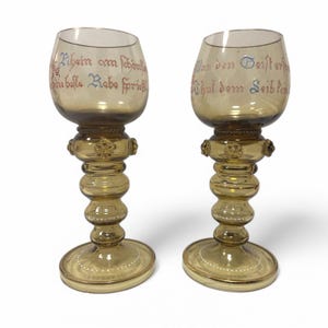 2 Antique Roemer Wine Glasses, German Drinking Toasts, Likely Theresienthal (E)