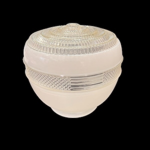 Vintage MCM Glass Ceiling Light Shade, White Milk Glass Clear Band 3-7/8&quot; Fitter