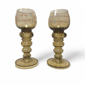 2 Antique Roemer Wine Glasses, German Drinking Toasts, Likely Theresienthal (C)
