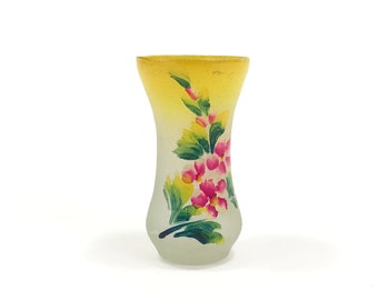 Vintage Miniature Frosted Glass Vase, Hand Painted Flowers, 2.25" Tall, circa 1930s-1950s