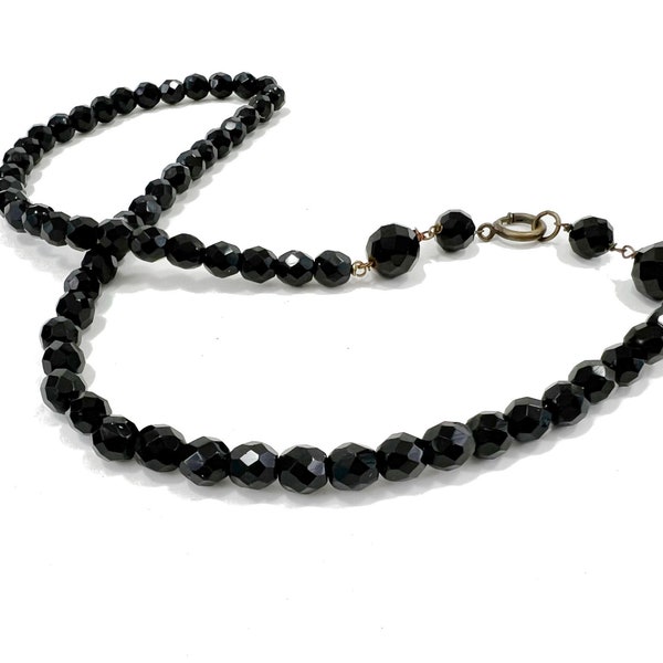 Vintage Black Faceted Glass Bead Necklace 23" Matinee Length