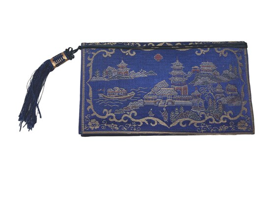 VTG Chinoiserie Blue Silk Brocade Clutch Purse or… - image 4