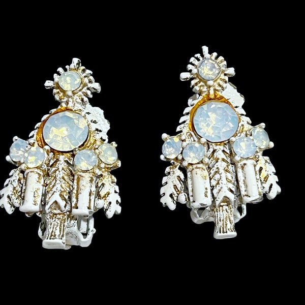 Vintage Hollycraft White Christmas Tree Clip On Earrings, Opalescent Rhinestones, HTF