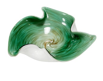 Green & Copper Glitter Art Glass 6.5" Cased Bowl, Pinched Edges Aventurine Swirl