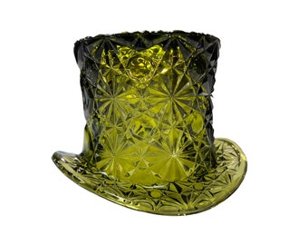 Vintage Fenton Daisy Button Top Hat, Green 3.5" Pressed Glass