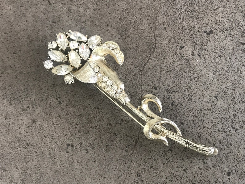 Signed Long Stem Flower Pin with Rhinestones Vintage Coro Brooch 1960s