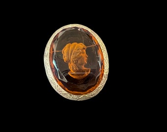 Vintage Amber Glass Intaglio Cameo Brooch, Oval Gold Tone Setting