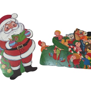 2 Vintage Christmas Die Cut Decorations, Santa Address Book, Toy Sack Elves 80s