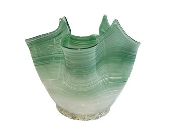 Vintage Fazzoletto Murano Art Glass Handkerchief Vase, 4.25" Green White Stripe