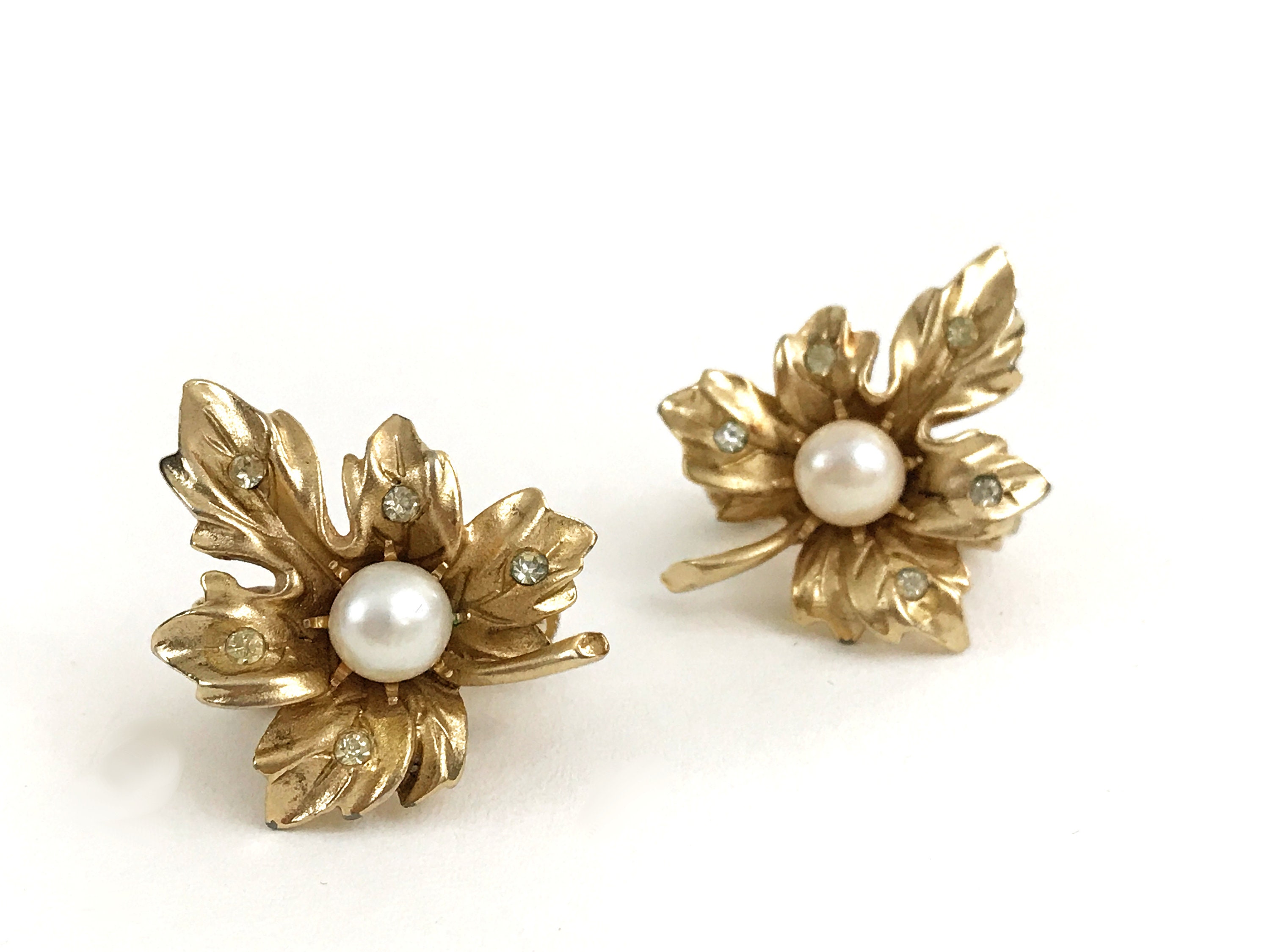 Vintage Coro Earrings Gold Tone Leaf Earrings with Rhinestone | Etsy