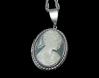 Vintage Gray Plastic or Resin Cameo Locket Pendant Necklace, Oval Silver Tone Setting