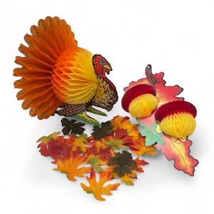 Vintage Beistle Thanksgiving Honeycomb Turkey & Acorn Set - Fall Table Decor Lot