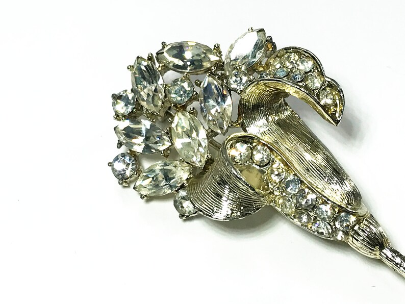 Signed Long Stem Flower Pin with Rhinestones Vintage Coro Brooch 1960s
