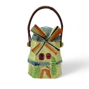 Vintage Ceramic Windmill Biscuit Cookie Jar, Made in Japan, Rattan Handle