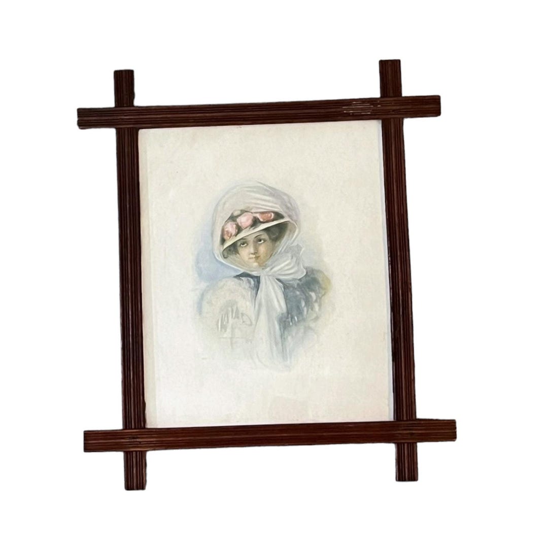 Antique Framed Portrait Edwardian Lady, Primitive Wood Folk Art Frame ...