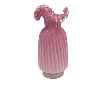 Antique Victorian Art Glass Vase, 11" Hand Blown Ribbed Pink Cased Glass, Clear Ruffled Crimped Rim