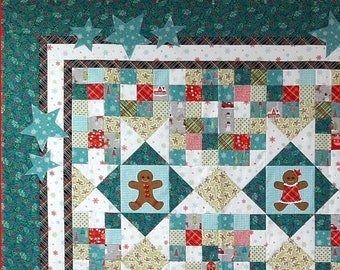 Gingerbread Friends quilt pattern, Christmas holiday quilt, 52" x 64" child's throw, quick and easy quilt, machine applique