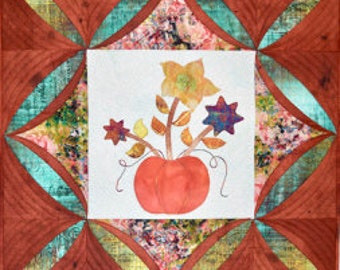 October's Party,  fall table topper pattern , machine applique, bead embellished, embroidery,24 inches square, added border to 30" square