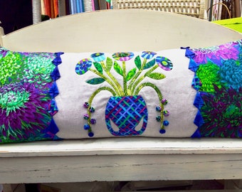 Les Fleurs Blue bench pillow, Kaffe Fasset fabrics, small quilted project, table runner