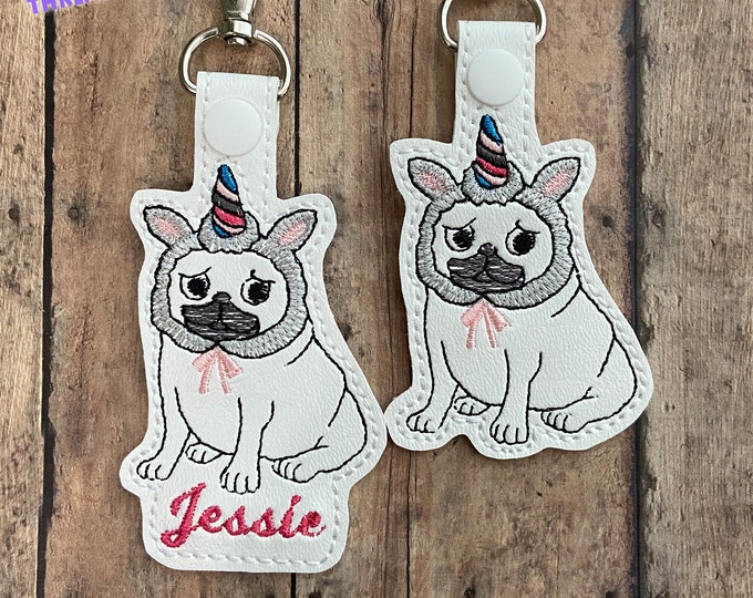 Pug Dog Unicorn Bag Tag / Key Chain for Pet Carrier - Custom Handmade Embroidered Puppy Bag Tag / Christmas Ornament