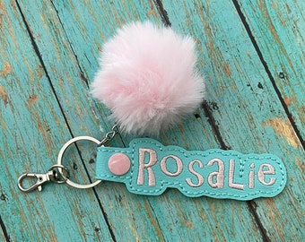 PomPom Name Tag for Backpack, Personalized Luggage Tag, Key Chain Fob, Air Pod Case, Zipper Pull Charm, ID Snap Tab