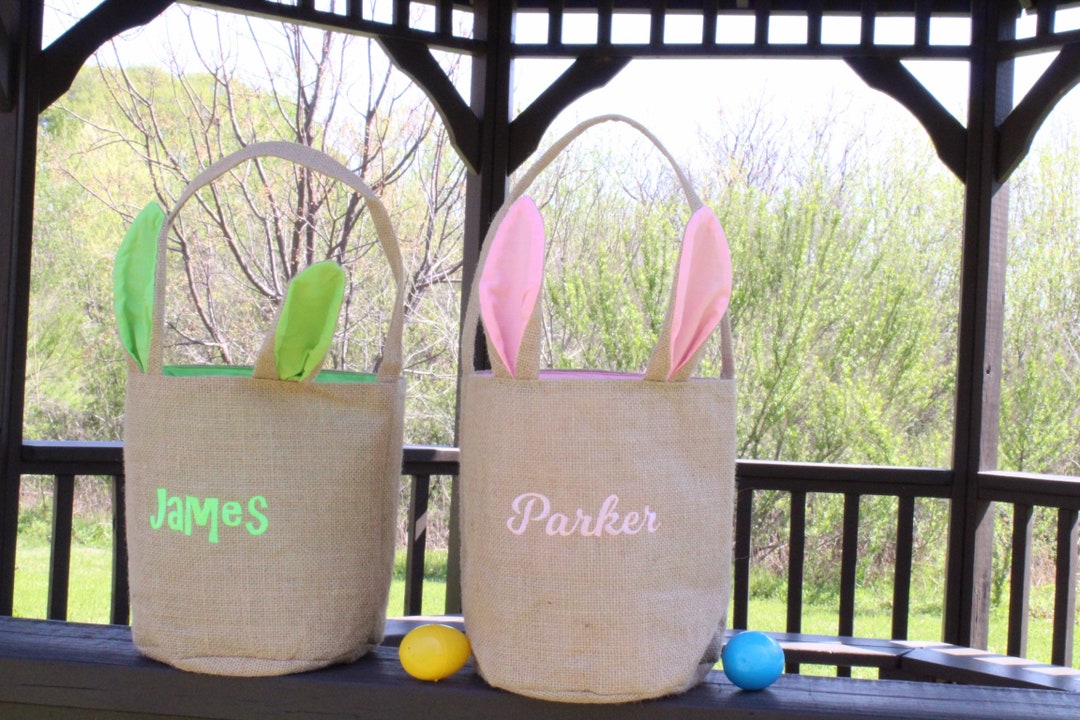 Easter Bunny Basket - Custom Embroidered Burlap Bunny Egg Hunt Bucket ...