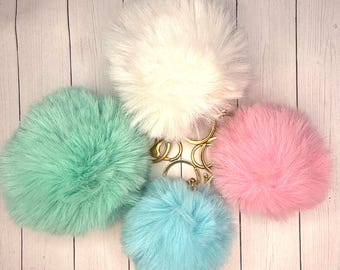 Pom Pom Bag Tag Key Chain ADD ON | 4 Inch Premium Large size Pom-Pom with gold hardware for: Keychain, backpack, luggage, charm clip