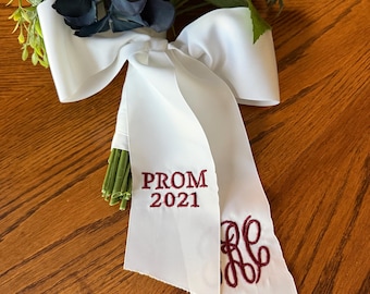 Monogrammed Bouquet Ribbon: Custom Embroidered White Grosgrain, 3 x 60 Inch, Prom, Homecoming, Wedding
