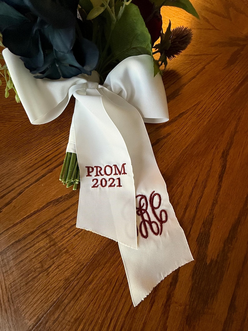 Monogrammed Bouquet Ribbon: Custom Embroidered White Grosgrain, 3 X 60 ...