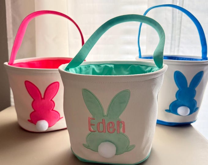 Easter Bunny Baskets personalized embroidered rabbit tail canvas bucket basket