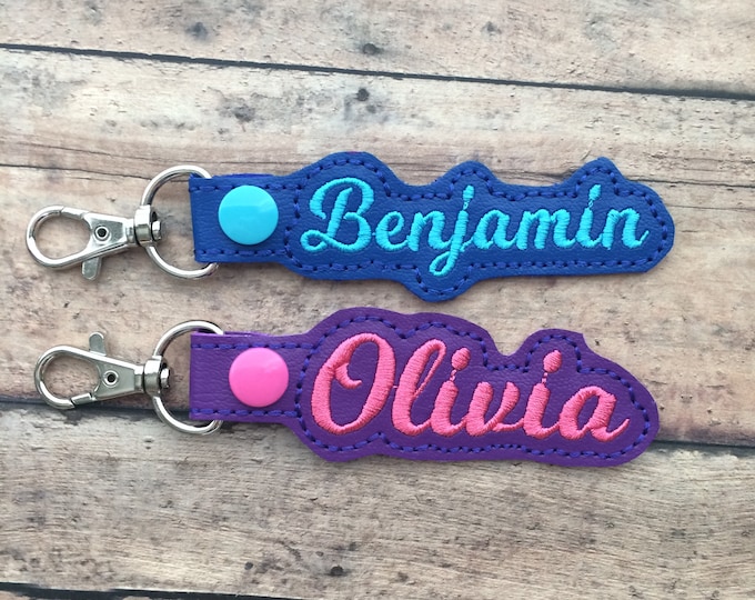 Bag Tag - Handmade Custom Embroidered Name for Backpack, Luggage, Key Chain, Snap Tab