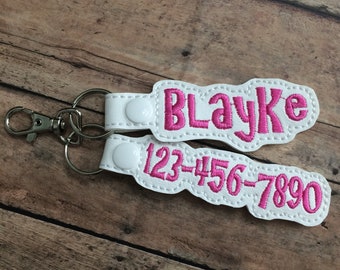 Name and Phone Number Tag for Backpack, Personalized Luggage Tag, Key Chain Fob, Lanyard, ID, Zipper Pull, Snap Tab