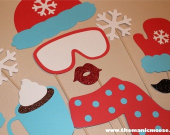 Winter Photo Booth Props - 10 piece set - GLITTER Photobooth Props - Snow Bunny, Ski Bunny - Red and Blue