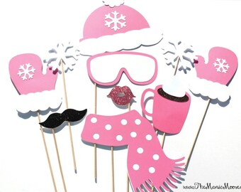 Winter Photo Booth Props - 10 piece set - GLITTER Photobooth Props - Snow Bunny, Ski Bunny - Pink