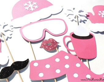 Winter Photo Booth Props - 10 piece set - GLITTER Photobooth Props - Snow Bunny, Ski Bunny - Pink