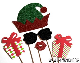 Christmas Elf Photo Booth Props ~ Set of 5 Props with Glitter ~ Christmas Photo Booth Props