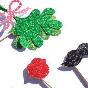 Christmas Photo Booth Props - 3 Stück-Set - GLITTER Schnurrbart, Lippen und Mistel auf einem stick